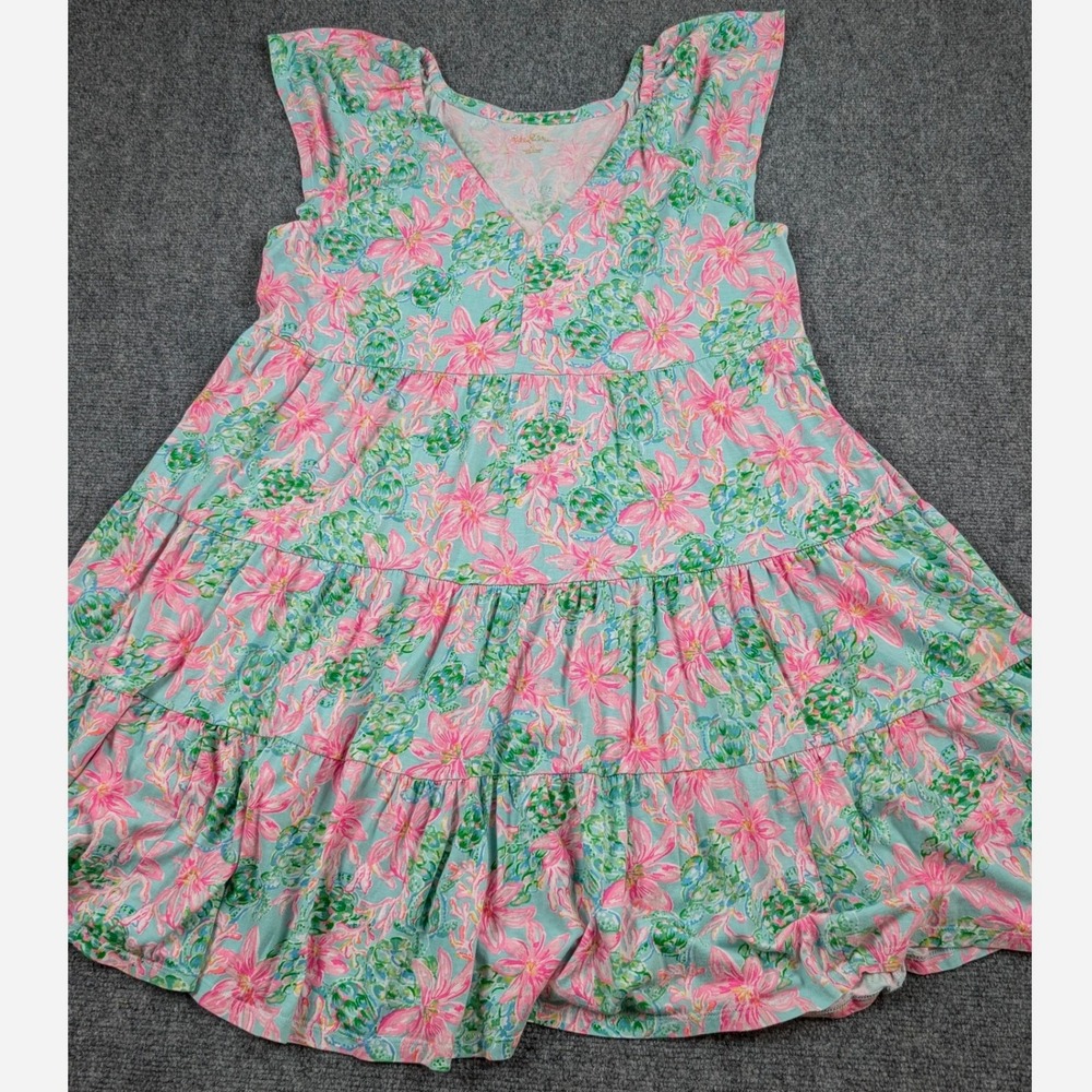 Lilly Pulitzer Pink Blue Green Turtle Floral Tiered Cotton Mini Dress XL
